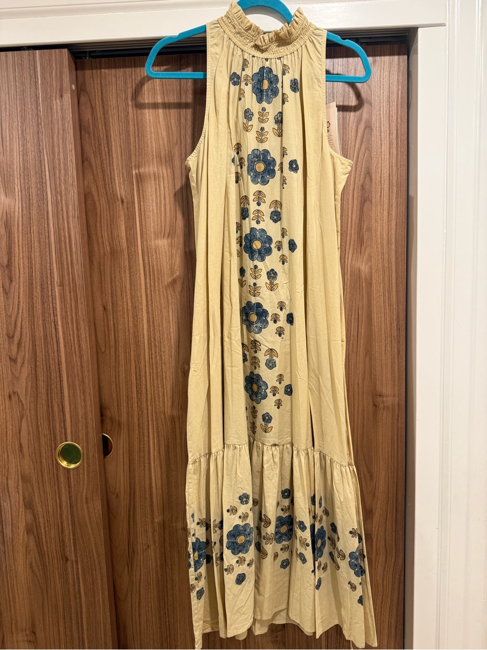 Christy Dawn Yellow Maxi Dress with Blue Floral Embroidery M